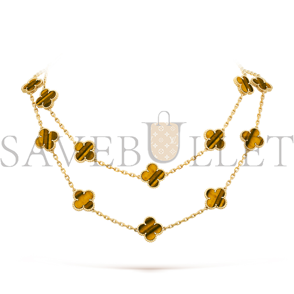 V*N CL*F arpels vintage alhambra long necklace, 20 motifs - yellow gold, tiger eye  vcard39900